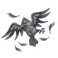 Crow scared and flies away scattering feathers, cartoon illustration, isolated object on a white background, vector illustration Royalty Free Stock Photo