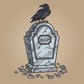 Crow sits on ancient tombstone pop art raster Royalty Free Stock Photo