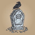 Crow sits on ancient tombstone pop art vector Royalty Free Stock Photo