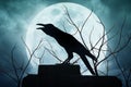 Crow sitting on the rock and croaks against full moon Royalty Free Stock Photo