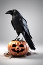 Crow sitting on top of a halloween pumpkin