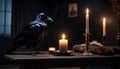 Crow Standing With Skull On Table, Candle in Dark Room With Skul Royalty Free Stock Photo