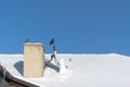 A crow stands on the satellite dish on the roof in winter, and next to it are pigeons, the brotherhood of the crow and the pigeons Royalty Free Stock Photo