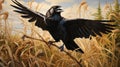 Hyperrealistic Crow With Open Wings Walking In Tall Grass