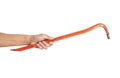 Crowbar in male hand isolated on white Royalty Free Stock Photo