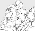 Illustration of group Japanese children sitting and watching looking upwards