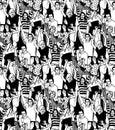 Crowd active happy people seamless black pattern