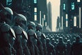 crowd of androids, each one different from the others, in futuristic cityscape