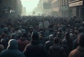Crowd of anonymous people on street in city center, selective focus