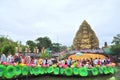 Crowd of Buddhists are offering incense to Buddha with thousand hands and thousand eyes in the Suoi Tien park in Saigon