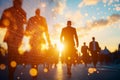 crowd of business people walking towards sunset creating dynamic double exposure effect with glowing particles and abstract