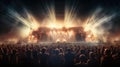 crowd is captivated by a dazzling rock concert, with hands raised and a fiery stage in full blaze,