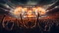 crowd is captivated by a dazzling rock concert, with hands raised and a fiery stage in full blaze,