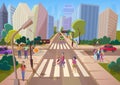 Crowd of cartoon people walking on urban modern cit street vector illustration.