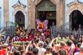 Crowd of Catholics saluting the image of Santa Barbara leaving the church Royalty Free Stock Photo