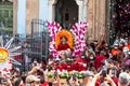 Crowd of Catholics saluting the image of Santa Barbara leaving the church Royalty Free Stock Photo