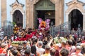 Crowd of Catholics saluting the image of Santa Barbara leaving the church Royalty Free Stock Photo