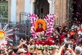 Crowd of Catholics saluting the image of Santa Barbara leaving the church Royalty Free Stock Photo