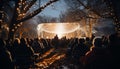 Crowd celebrates winter outdoors, illuminated by bonfire generated by AI