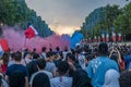 Crowd celebrating the victory on the Champs Elysees Avenue in Paris after the 2018 World Cup Royalty Free Stock Photo