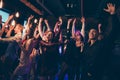 Crowd of cheerful company students want celebrate university high-school graduation go nightclub enjoy fest dance party Royalty Free Stock Photo