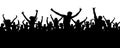Crowd cheerful people silhouette. Joyful mob. Happy group of young people dancing at musical party, concert, disco.