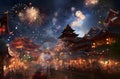 Crowd cheering in front of Chinese temple, watching fireworks show. New Year\'s fun and festiv