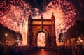 Crowd cheering at large historic gate, watching fireworks show. New Year\'s fun and festiv