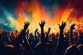 Crowd cheering at a music festival with hands raised up. Music festival concept, Crowd raising hands in the air and enjoying a Royalty Free Stock Photo