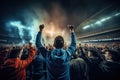 Crowd cheering at a soccer or football stadium during a match, Rear view of cheering football fans in stadium, AI Generated Royalty Free Stock Photo