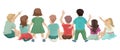 Group of children sitting on the floor, view from the back, raise their hands and stand up. Vector illustration Royalty Free Stock Photo