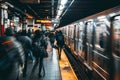 Crowd of commuters rushing on a busy subway platform, A crowded subway platform with commuters rushing to catch their train Royalty Free Stock Photo