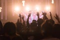 Crowd at concert and blurred stage lights, noise added later in