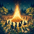 People dancing around bonfire celebrating Midsummer folklore festivity at night Royalty Free Stock Photo