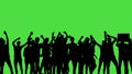 A crowd of dancing people, all in silhouette, on a greenscreen.