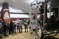Crowd with donkey and a cart in front of the icon of virgin of Rocio during pilgrimage