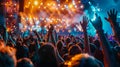 Crowd enjoying an outdoor music concert at dusk, showcasing vibrant lights and enthusiastic attendees Royalty Free Stock Photo