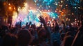 Crowd enjoying an outdoor music concert at dusk, showcasing vibrant lights and enthusiastic attendees Royalty Free Stock Photo