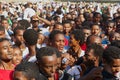 Crowd of Ethiopian people celebrating Timkat religious Orthodox festival in Addis Ababa, Ethiopia.