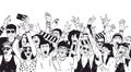 Crowd of excited people or music fans with raised hands. Spectators or audience of summer open air festival hand drawn Royalty Free Stock Photo