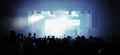 Crowd of fans with hands in the air watching a rock band concert. Fans on a concert point of view perspective