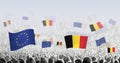 Crowd with flag of European Union and Belgium, people of Belgium with flag of EU