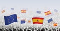 Crowd with flag of European Union and Spain, people of Spain with flag of EU