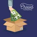 Crowd funding poster with hand depositing money bills in cardboard box in background dark blue color