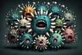 Crowd of funny multi-colored virus character with angry faces. Generative AI