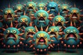 Crowd of funny multi-colored virus character with angry faces. Generative AI