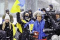 Montreal, Canada Ã¢â¬â February 27 2022: A crowd gathers for a rally in Montreal to protest Russian aggression in the Ukraine