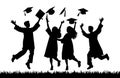 Crowd of graduates in mantles, throws up the square academic caps. Graduated student. Happy Graduation Activity Silhouettes.
