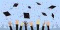 A crowd of graduates throws academic cups into the sky Vector flat illustration