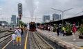 Crowd greets a special steamtrain at Bang Sue Junction Royalty Free Stock Photo